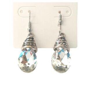 Vintage Faceted Pear Cut Crystal Teardrop Dangle Earrings Sterling Silver Plated